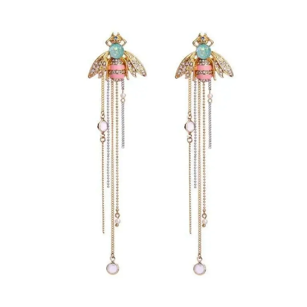 π π Betsey Johnson Bumble Bee Multi-Chain Tassel Earrings Pink Gold - Picture 7 of 8